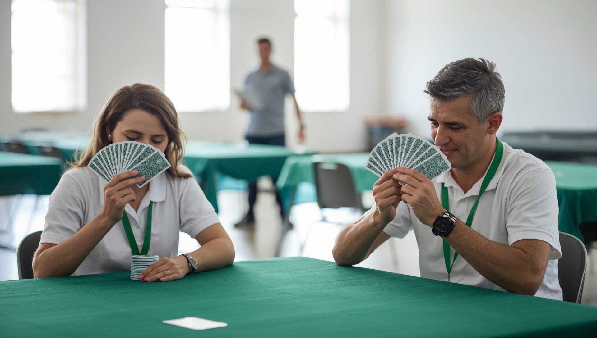 Atletas concentrados numa mesa de campeonato, com a arbitragem ao fundo